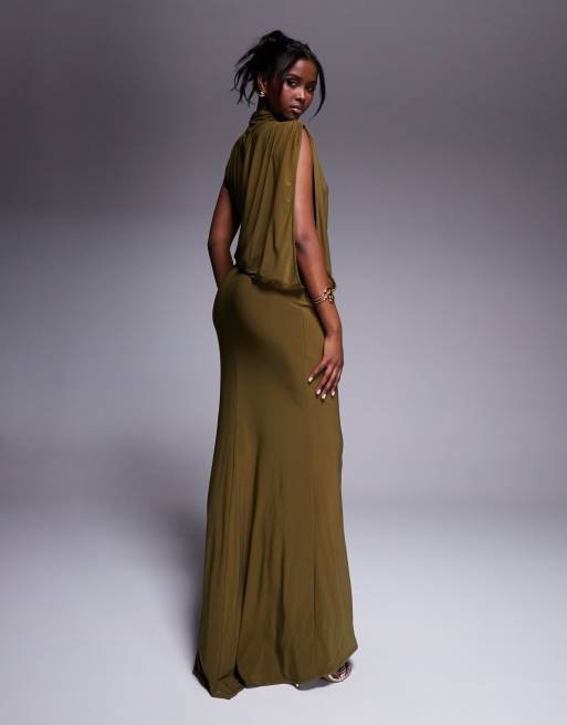 ASOS DESIGN - Robe drapée longue et asymétrique avec détail cape - Vert olive