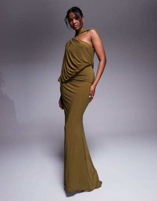 ASOS DESIGN - Robe drapée longue et asymétrique avec détail cape - Vert olive