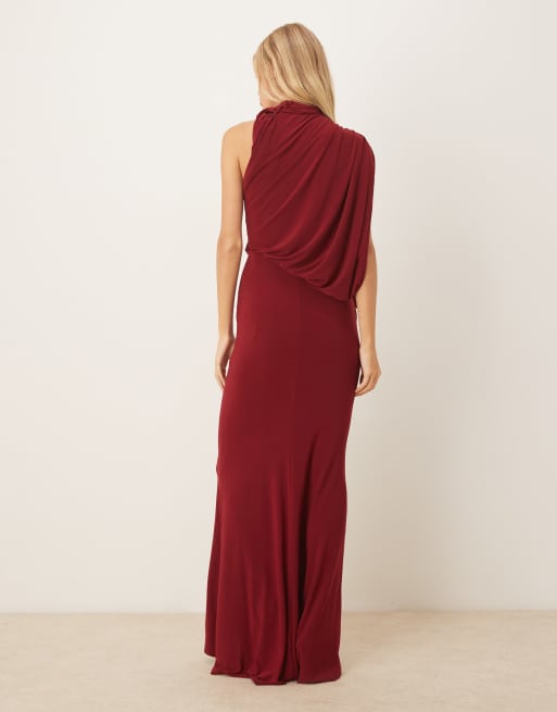 ASOS DESIGN one shoulder drape maxi dress with cape detail in wine