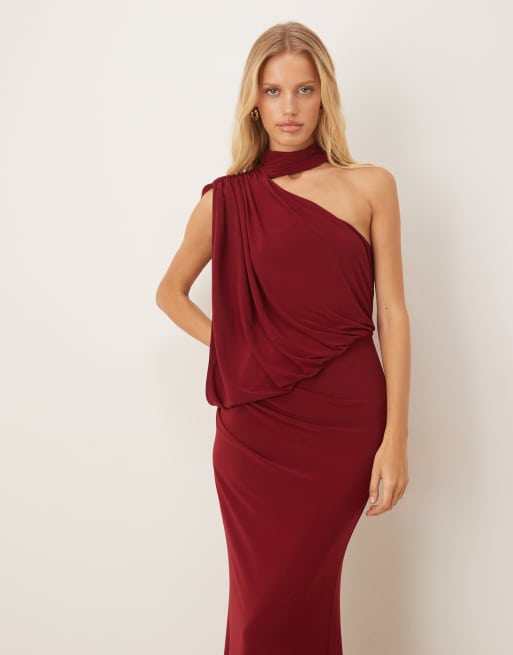 ASOS DESIGN one shoulder drape maxi dress with cape detail in wine