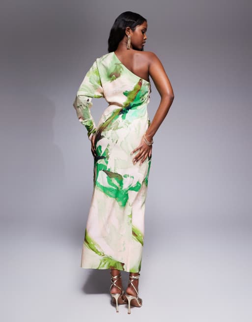 ASOS DESIGN one shoulder drape midaxi dress in green abstract