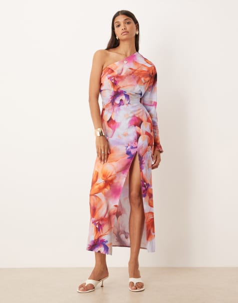 ASOS DESIGN one shoulder drape midaxi dress in pink floral print - view 1