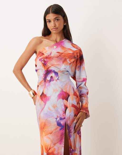 ASOS DESIGN one shoulder drape midaxi dress in pink floral