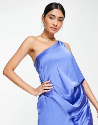 dusty blue one shoulder drape midi dress Lingering Love One-Shoulder Twist Midi Dress Baby Blue