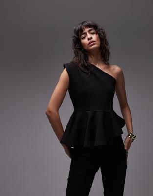 Asos Design One Shoulder Drape Peplum Top In Black