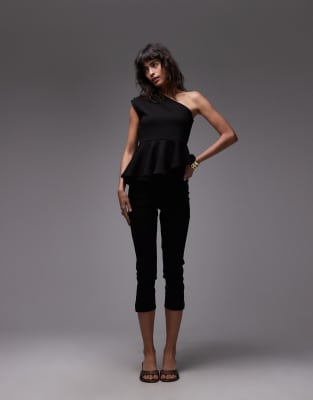 Asos Design One Shoulder Drape Peplum Top In Black