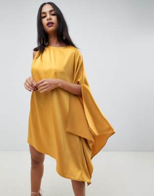 yellow one shoulder draped midi dress