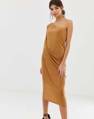 one shoulder draped midi dress