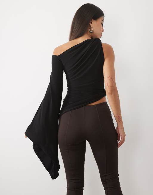 ASOS DESIGN one shoulder draped angel sleeve top in black, 4 of 4