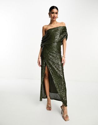ASOS DESIGN one shoulder draped bodycon sequin maxi dress in olive green