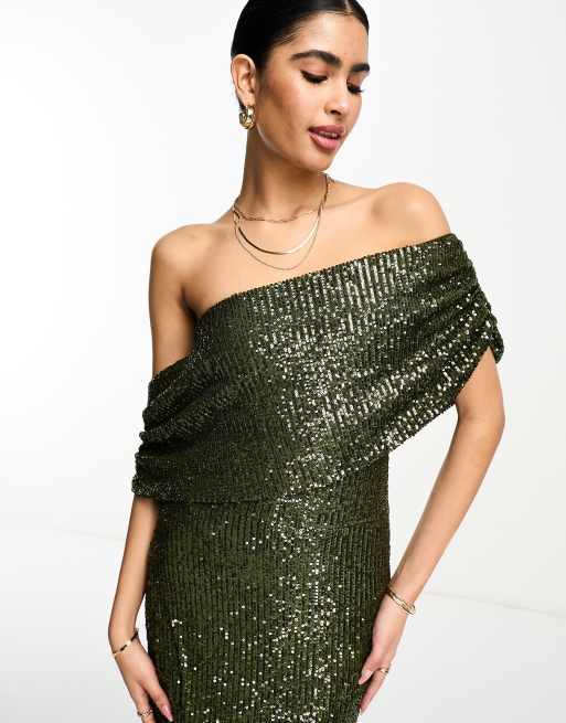 ASOS DESIGN one shoulder draped bodycon sequin maxi dress in olive green |  ASOS