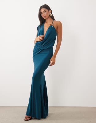 Asos Design One-shoulder Draped Dress With Hardware Detail In Blue