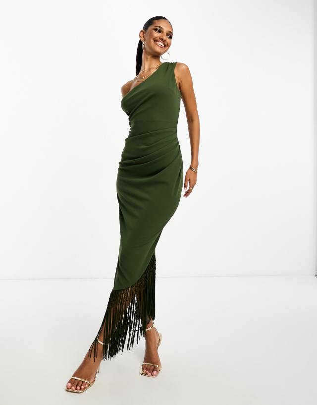 dark green fringe dress ASOS DESIGN one shoulder draped trim midi in Flapper dress Fall-Colored Suits for an sparkly tulle Perfect for a wedding Kid Size:0-3M