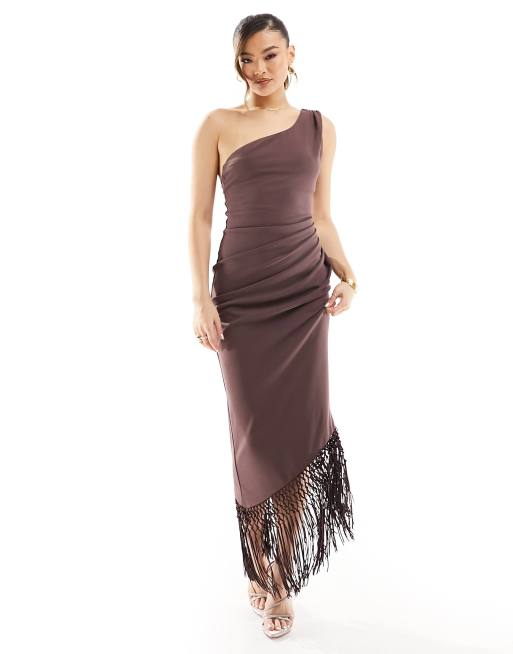  ASOS DESIGN one shoulder draped fringe trim midi dress in mauve