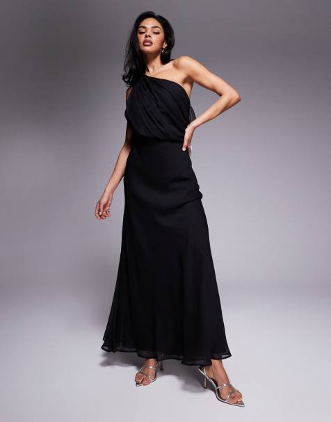 ASOS DESIGN one shoulder draped maxi dress in black - view 1