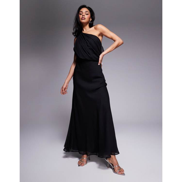 black one sleeve dress long Black Maxi Dress - One-Shoulder Maxi Dress - Long Sleeve Dress