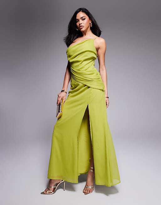 green drape dress Lime Green Satin Cowl Neck Midi Dress