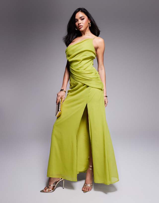 asos olive green dress DESIGN one shoulder draped maxi in olive green dress for wedding