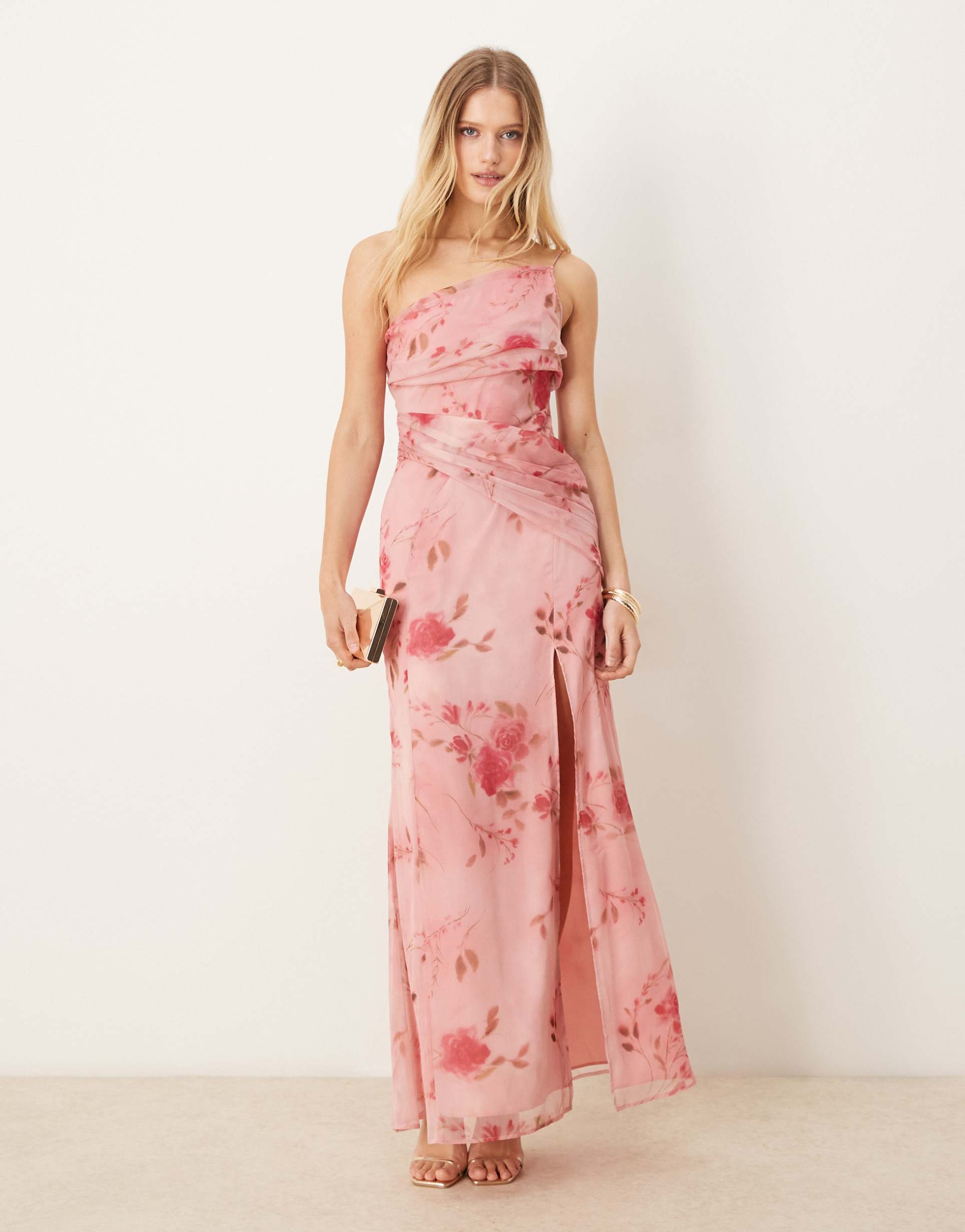 asos design one-shoulder draped maxi dress in pink floral print