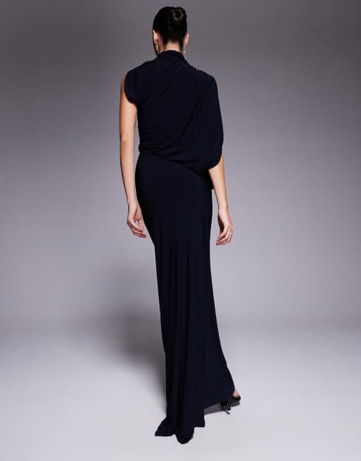 ASOS DESIGN one shoulder draped maxi dress with cape detail in navy