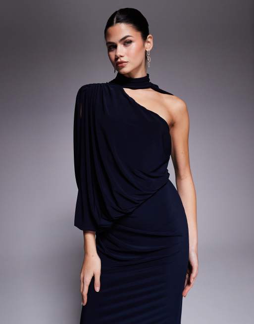 ASOS DESIGN one shoulder draped maxi dress with cape detail in navy