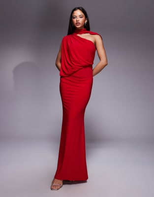 Asos Design One Shoulder Draped Maxi Dress With Cape Detail In Red