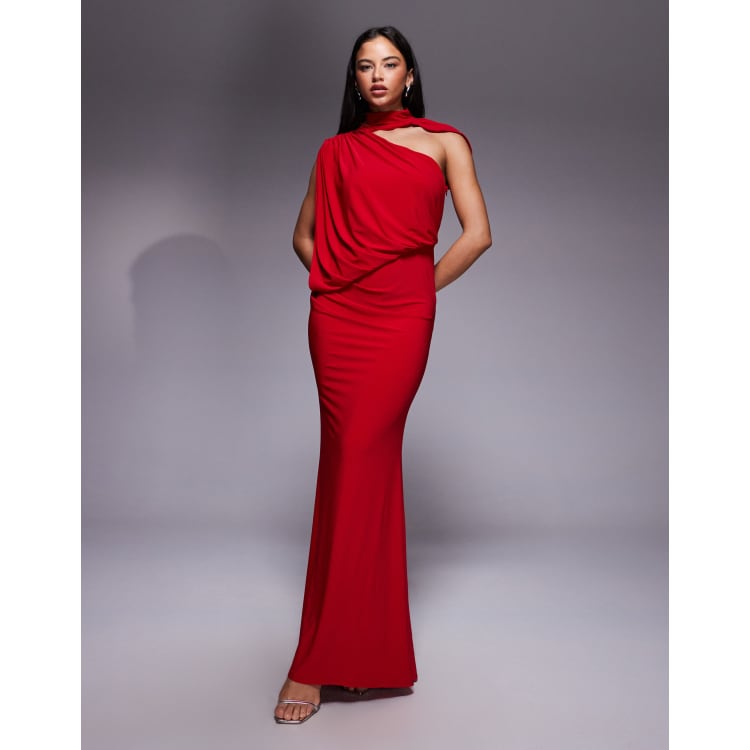 asos red one shoulder dress ASOS DESIGN one shoulder draped maxi dress with cape detail in red