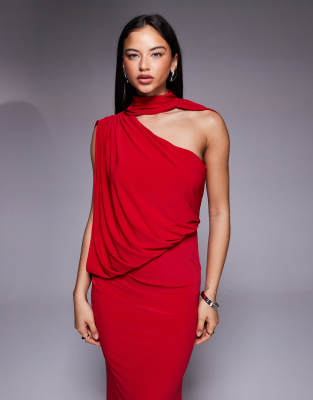 Asos Design One Shoulder Draped Maxi Dress With Cape Detail In Red