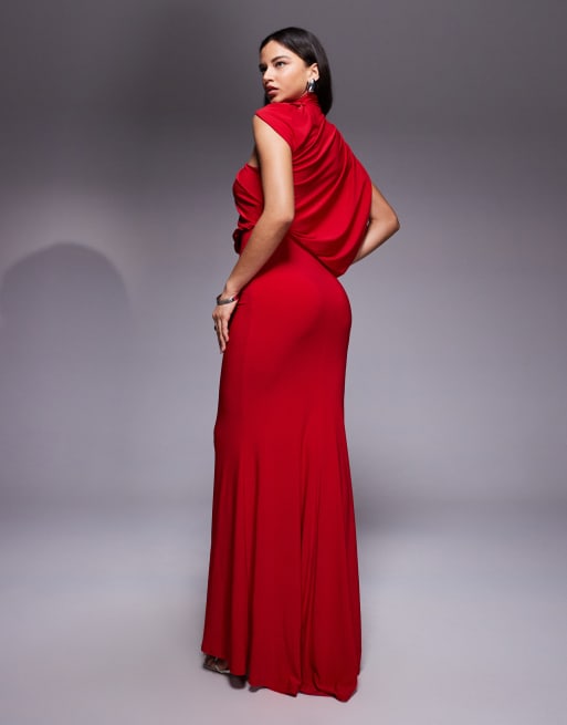 ASOS DESIGN one shoulder draped maxi dress with cape detail in red, 3 of 4
