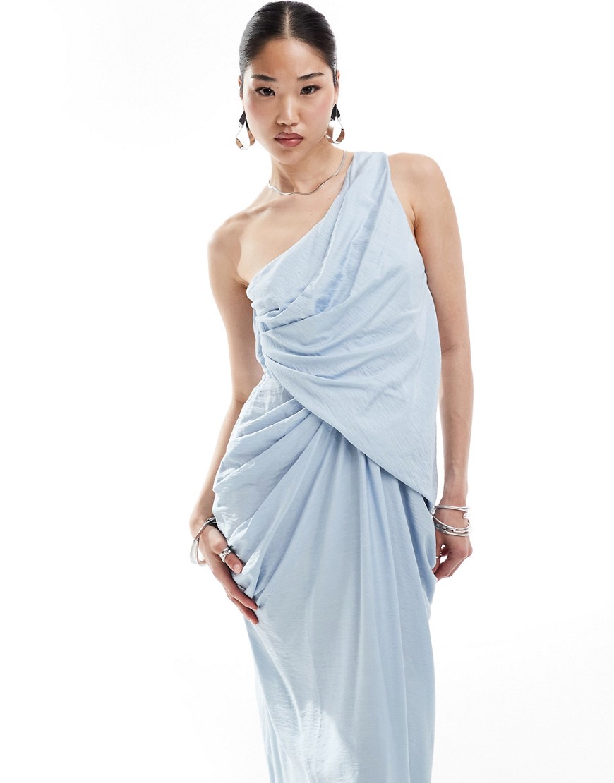 Asos Design One Shoulder Draped Maxi Dress With Full Skirt In Blue