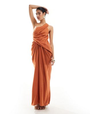 ASOS DESIGN one shoulder draped maxi dress with full skirt in rust