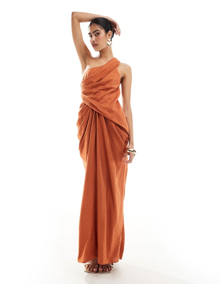 Asos Design One Shoulder Draped Maxi Dress With Full Skirt In Rust-orange In Brown