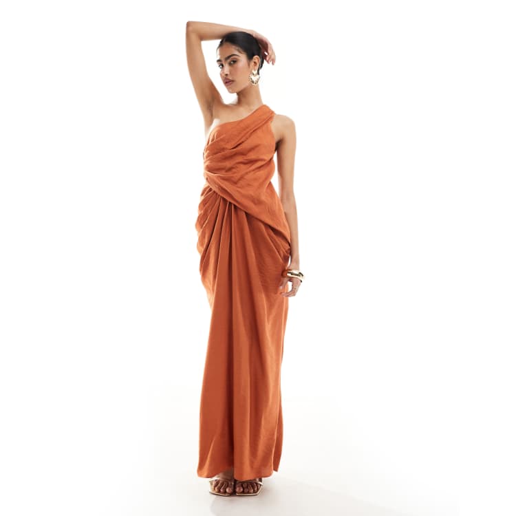 knee length dresses for ladies One Shoulder Satin Ruched Bridesmaid Dress - Rust