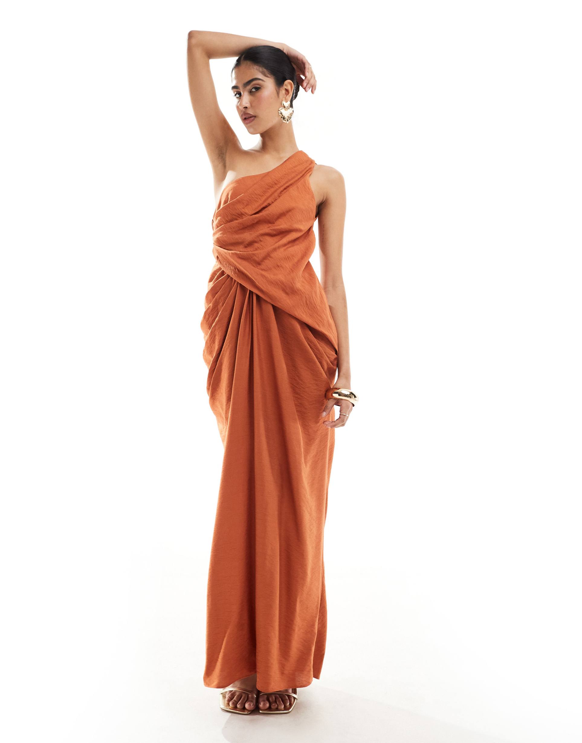 asos design one shoulder draped maxi dress with full skirt in rust