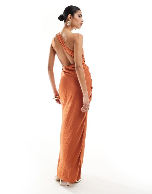 knee length dresses for ladies Rust Satin Puffed Sleeve Ruched Midi Dress – STYLE US