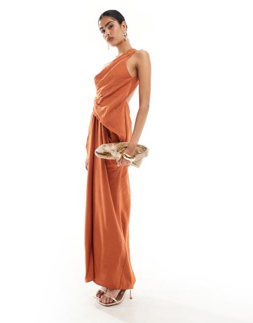 ASOS DESIGN one shoulder draped maxi dress with full skirt in rust ASOS