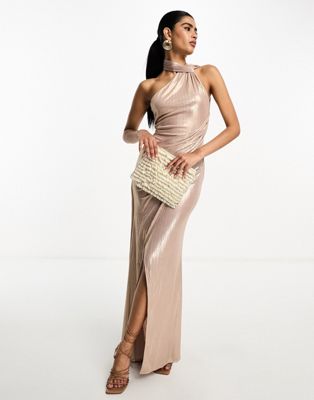 ASOS DESIGN one shoulder draped maxi dress with tie detail in rose gold | ASOS