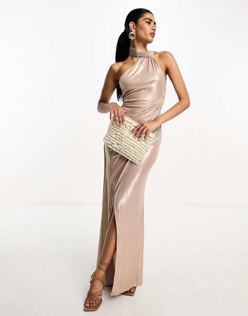 Asos Design One Shoulder Draped Maxi Dress With Tie Detail In Rose Gold