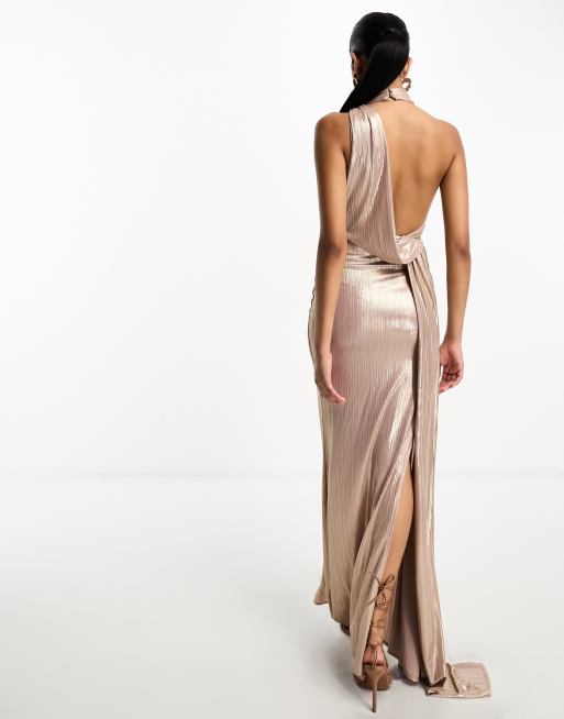 ASOS DESIGN one shoulder draped maxi dress with tie detail in rose