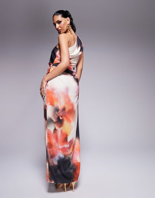 ASOS DESIGN one shoulder draped midaxi dress with split in abstract floral print