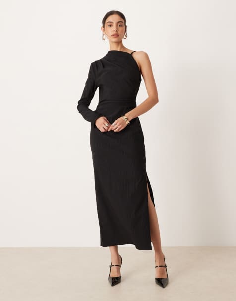 ASOS DESIGN one shoulder draped midi dress in black and white pinstripe - view 1
