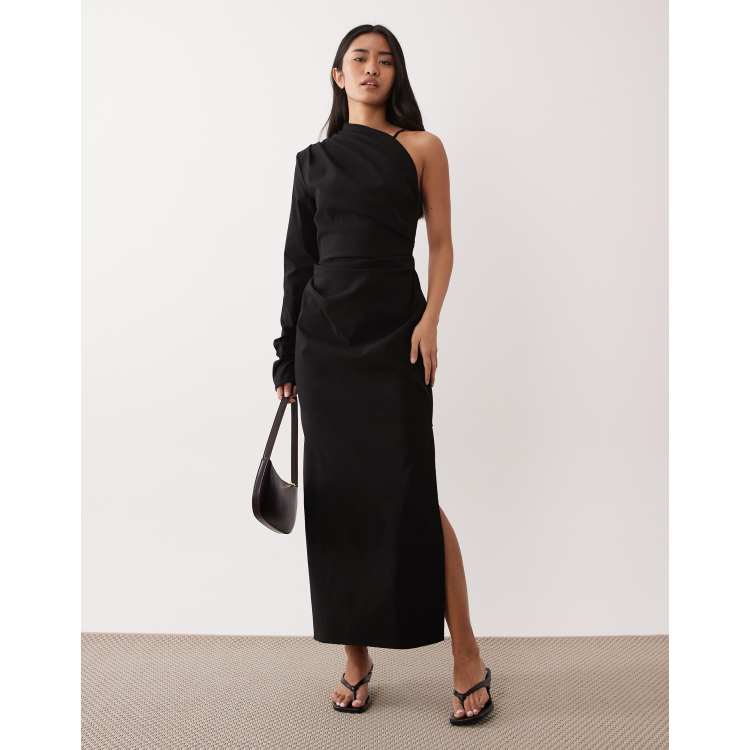 asos design one shoulder pleated midi dress ASOS DESIGN pleated one shoulder scuba midi dress in aubergine