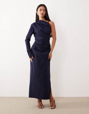 Asos Design One-shoulder Draped Midi Dress In Blue
