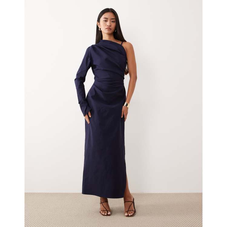 asos navy midi dress ASOS Design One-Shoulder Draped Midi Dress in Navy