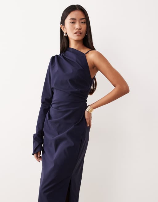 ASOS DESIGN one shoulder draped midi dress in navy, 2 of 4