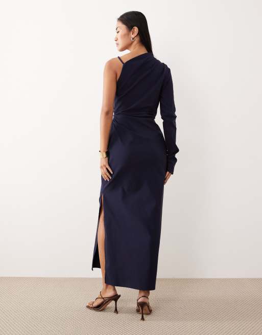 ASOS DESIGN one shoulder draped midi dress in navy, 3 of 4