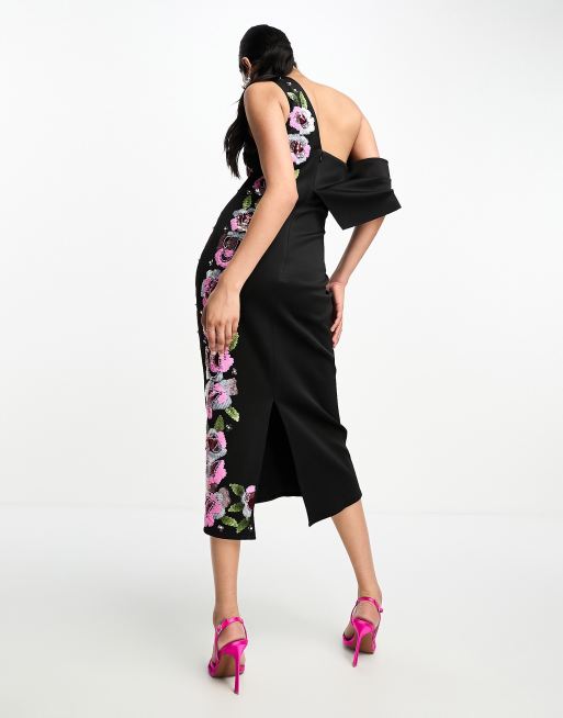 ASOS DESIGN one shoulder draped midi dress with pink sequin embellishment in black, 2 of 4