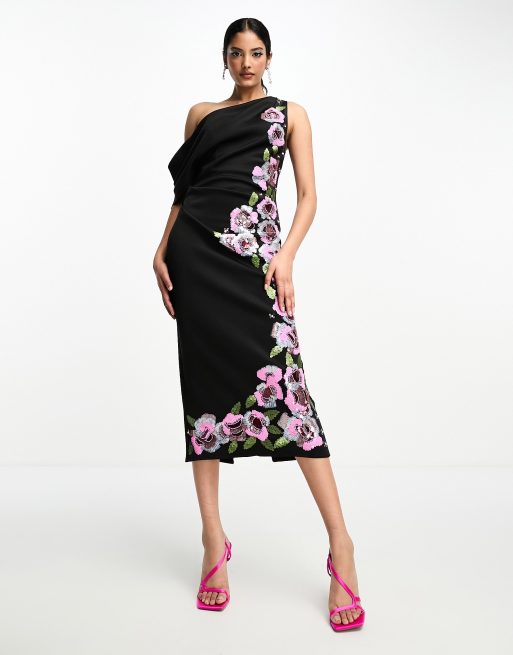 ASOS DESIGN one shoulder draped midi dress with pink sequin embellishment in black, 3 of 4