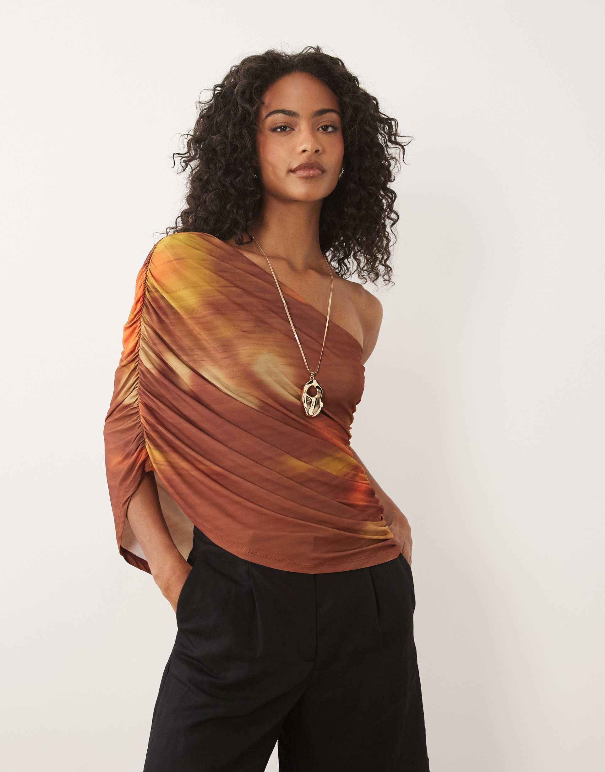 asos design one-shoulder draped top in blurred sunset print