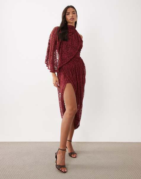 ASOS DESIGN One-Shoulder drapiertes asymmetrisches Kleid in Weinrot - view 1